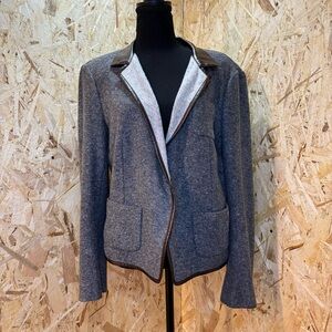 Escada Wool Jacket Blazer Size 42 Grey Leather Trim Designer Luxury - Equestrian